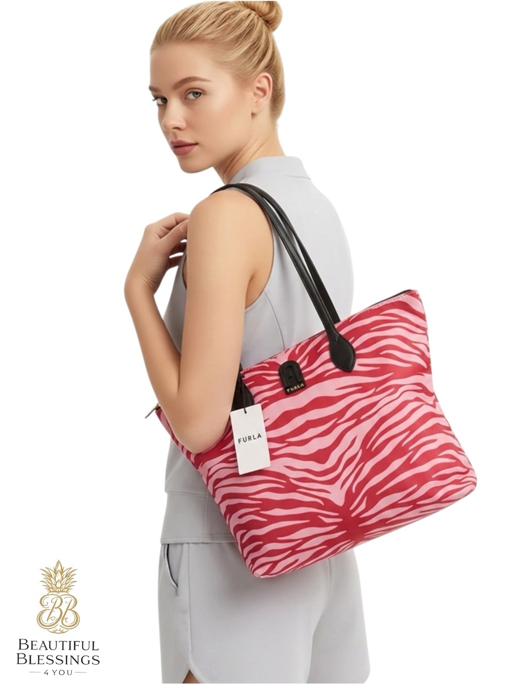 Furla NWT Calipso Toni Shock Zebra Nylon Tote Bag with Gold Hardware - Dust Bag